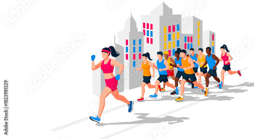 Group of diverse runners in urban marathon scene for fitness and sports design