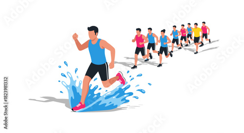 Leader breaks ahead in a run race splashing water with group following behind