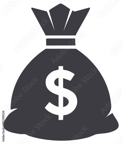 Stylized dark gray bag filled with money and a large white dollar symbol