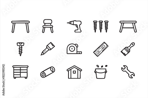 DIY woodworking tool icon set for construction and home projects