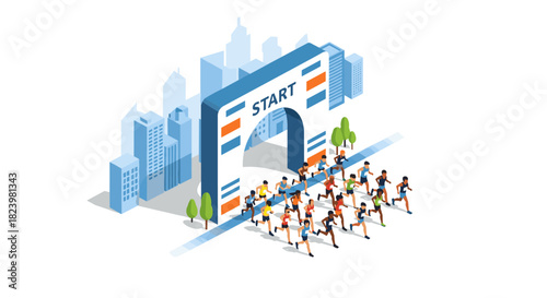 Marathon run starting line with runners and cityscape background for event poster design
