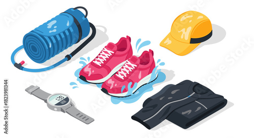 Fitness essentials for outdoor exercise including running shoes, sports jacket, and accessories