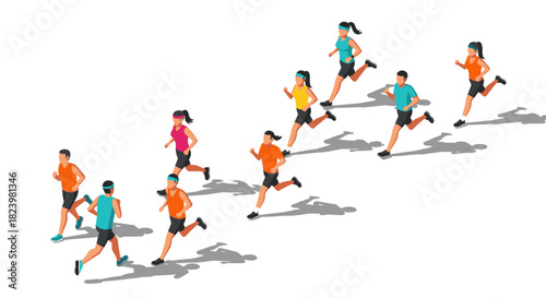 Dynamic group of runners in motion for fitness illustrations and athletic design