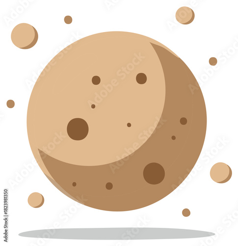 Stylized brown planet illustration featuring prominent craters and smaller orbiting celestial bodies