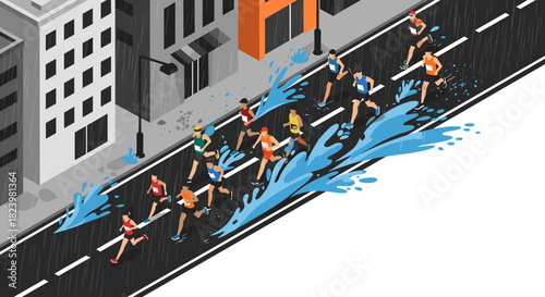 Runners in the rain on city streets with splashes and urban buildings