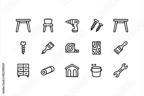 Woodworking and repair tool illustrations in clean line style