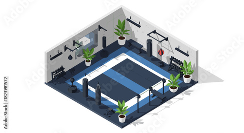 Modern gym interior with boxing ring and fitness equipment for training and exercise design