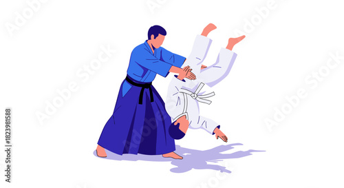 Dynamic martial arts training illustration featuring aikido practitioners in action for self-defense and wellness