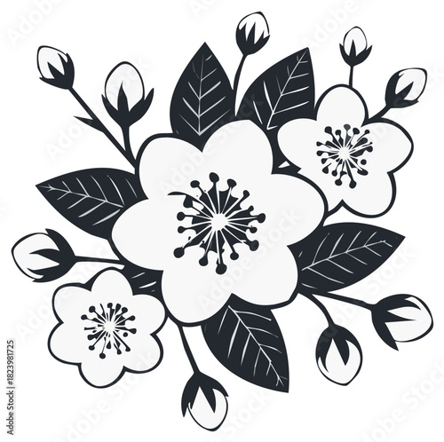 Stylized white flowers and leaves with flower buds in dark graphic composition on white backdrop
