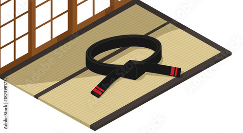 Martial arts black belt on tatami mat in traditional dojo setting