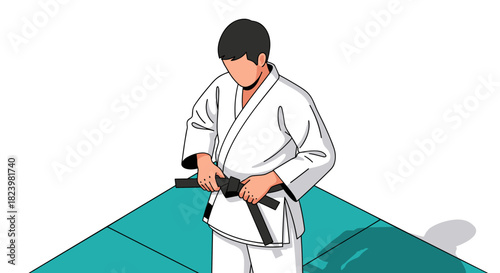 Karate black belt martial artist in white gi preparing for practice on mat