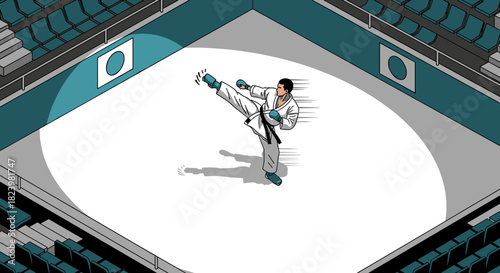 Dynamic karate kick in empty arena - martial arts illustration for sports design