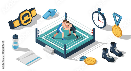 Wrestling match scene with ring and athletic elements for sports event design