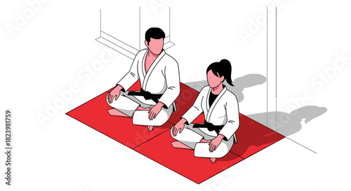 Martial arts training scene with two practitioners in traditional uniforms on red mat for fitness and discipline concept design