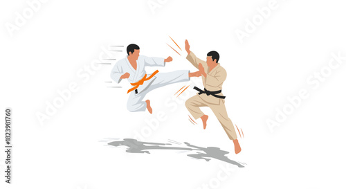 Martial arts action scene with fighters in dynamic battle for training and competition design