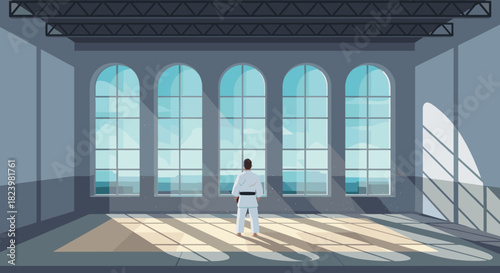 Martial arts practice in bright sunlit gym with large windows