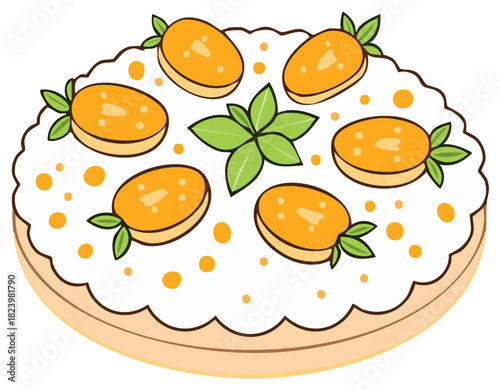 Sweet apricot fruit tart with cream topping and mint leaves vector illustration