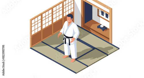 Isometric illustration of martial artist in traditional japanese dojo for martial arts design