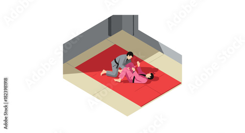 Isometric martial arts training scene with two people practicing judo or brazilian jiu jitsu techniques in a dojo