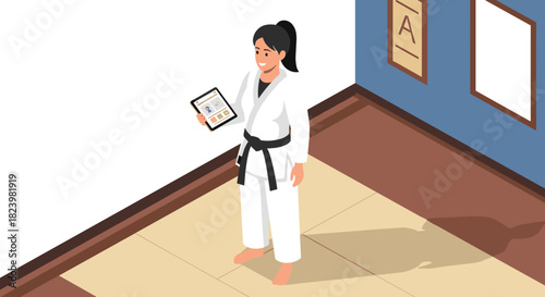 Martial arts instructor with tablet in dojo for training and guidance