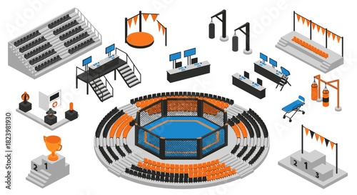 Isometric mixed martial arts arena with cage, equipment, and seating for event planning and sports design