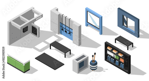 Modern isometric interior vector with dojo theme elements for design and decoration