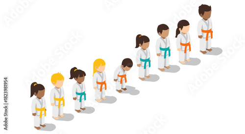 Diverse kids practicing martial arts in karate uniforms for sports education and teamwork concept design