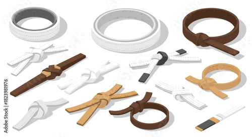 Isometric collection of stylish leather and fabric belts in various colors and knots for fashion design and accessories