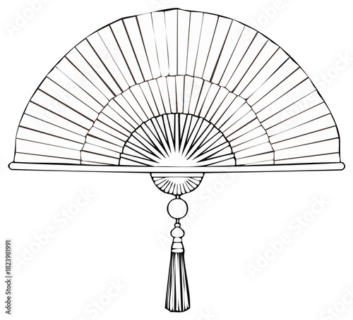 Elegant folding hand fan illustration with tassel design, classic Asian style.