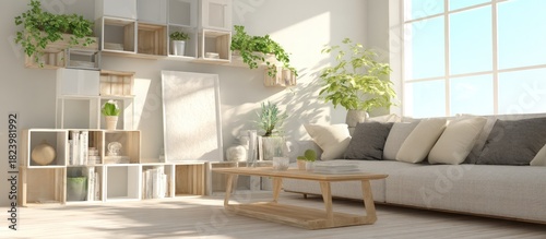 Bright living room with plants natural light and a comfortable neutral couch