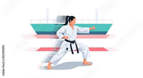 Karate practitioner in action with dynamic motion background for martial arts promotion
