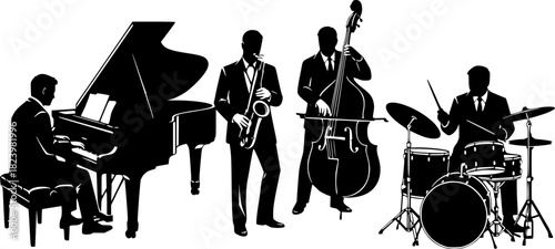  black silhouette illustration of a jazz quartet performing on a white background