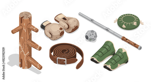 Martial arts equipment and training tools illustration for fitness and practice design