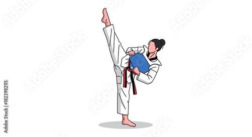 Martial arts training with karate practitioner in high kick pose for fitness and discipline