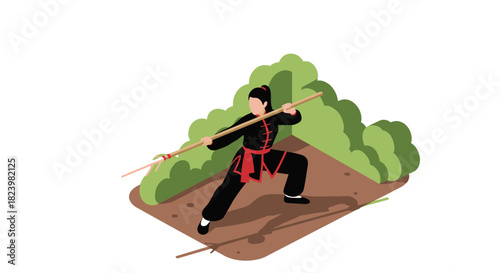 Martial arts warrior practicing spear techniques outdoors