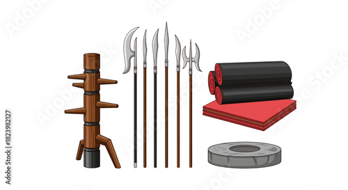 Martial arts training equipment collection with weapons and gear for practice
