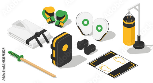 Martial arts and fitness equipment design for training and exercise illustrations