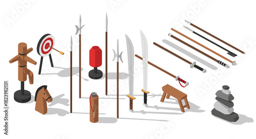 Martial arts training equipment and weaponry collection for design and decoration
