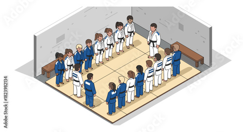 Martial arts training scene in judo dojo with athletes in uniforms
