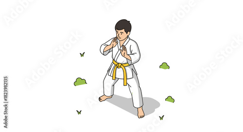 Karate kid in martial arts pose with white gi and yellow belt in nature setting
