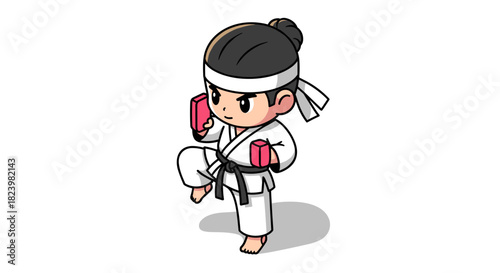 Determined cartoon martial artist with karate belt in action pose for kids' design