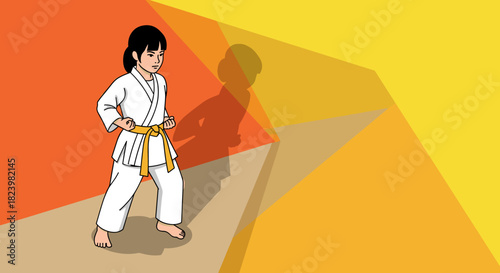 Young martial artist in karate gi with yellow belt practicing stance against geometric background