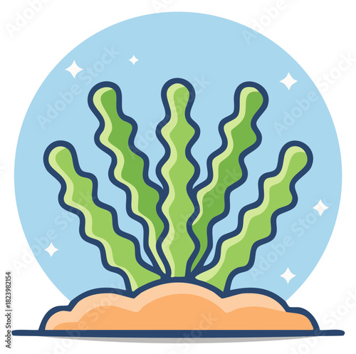 Cartoon illustration of green seaweed in a blue circle with star accents