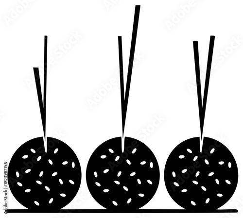 Minimalist graphic icon of three fried Asian street food balls with sticks