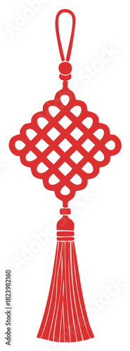 Red traditional Chinese knot with decorative tassel for Lunar New Year celebrations