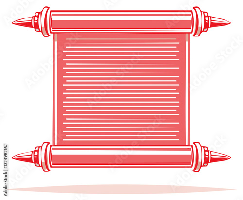 Decorative ancient scroll with red stripes and pointed ends on white background