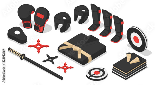 Martial arts equipment isometric illustration for sports gear and training design