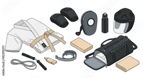 Martial arts equipment and apparel collection for training and fitness enthusiasts