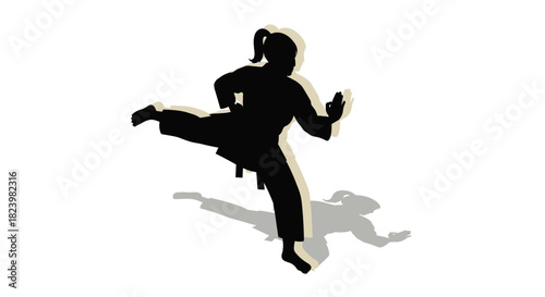 Dynamic martial arts silhouette illustration of woman kicking in karate pose for fitness and self defense design