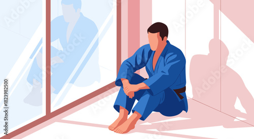Reflective martial artist in blue uniform resting by sunlit window, ideal for sports motivation and contemplation designs